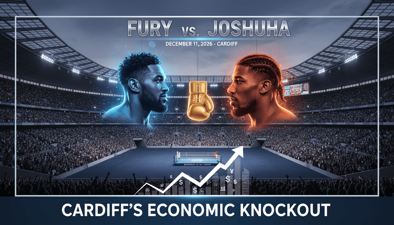 A vibrant scene of the Principality Stadium filled with fans for the Fury-Joshua boxing match.