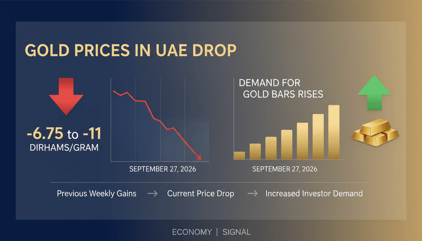 A visual representation of declining gold prices in Dubai with a focus on increased bullion purchases.