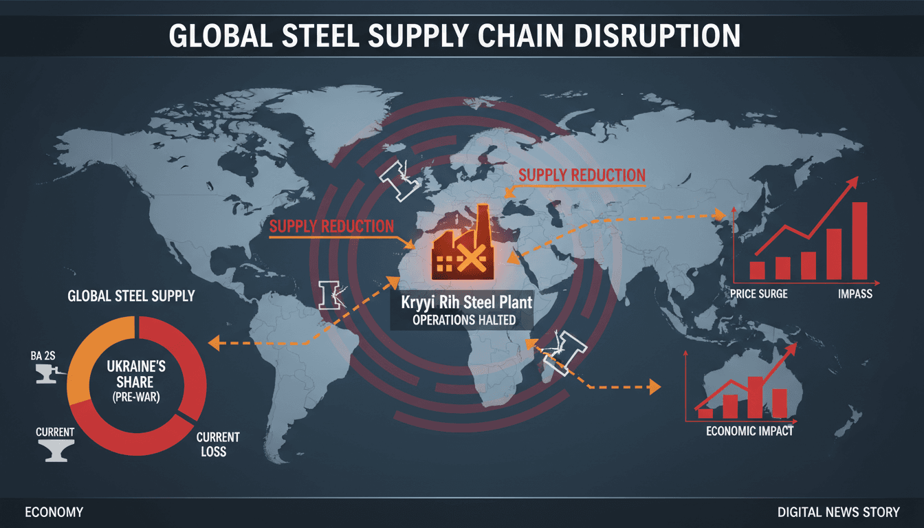 A visual representation of the Kryvyi Rih steel plant and the impact of Russian airstrikes on steel production.