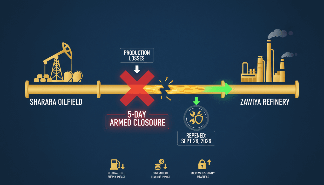 Infographic depicting the Sharara-Zawiya oil pipeline flow and the impact of the recent closure on production and finances.