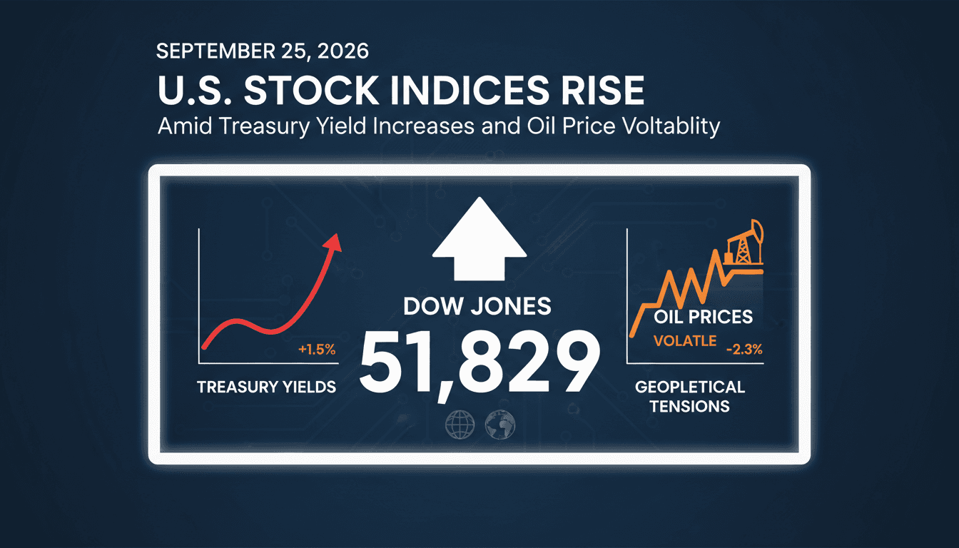 A financial chart showing the rise of the Dow Jones Industrial Average alongside oil price trends and Treasury yields.
