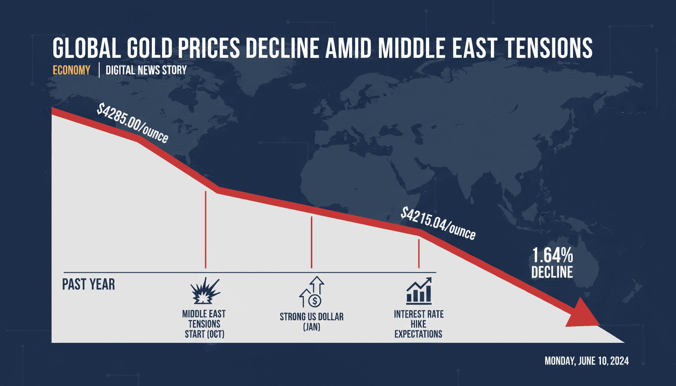Infographic showing the decline in gold prices influenced by Middle East tensions and dollar strength.