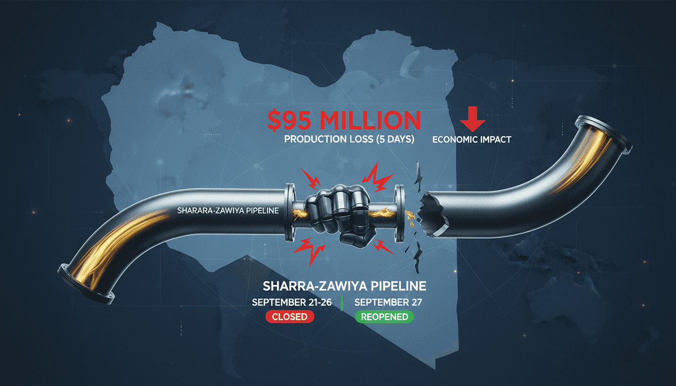 Infographic showing the Sharara-Zawiya pipeline reopening and its economic impact on Libya's oil production.