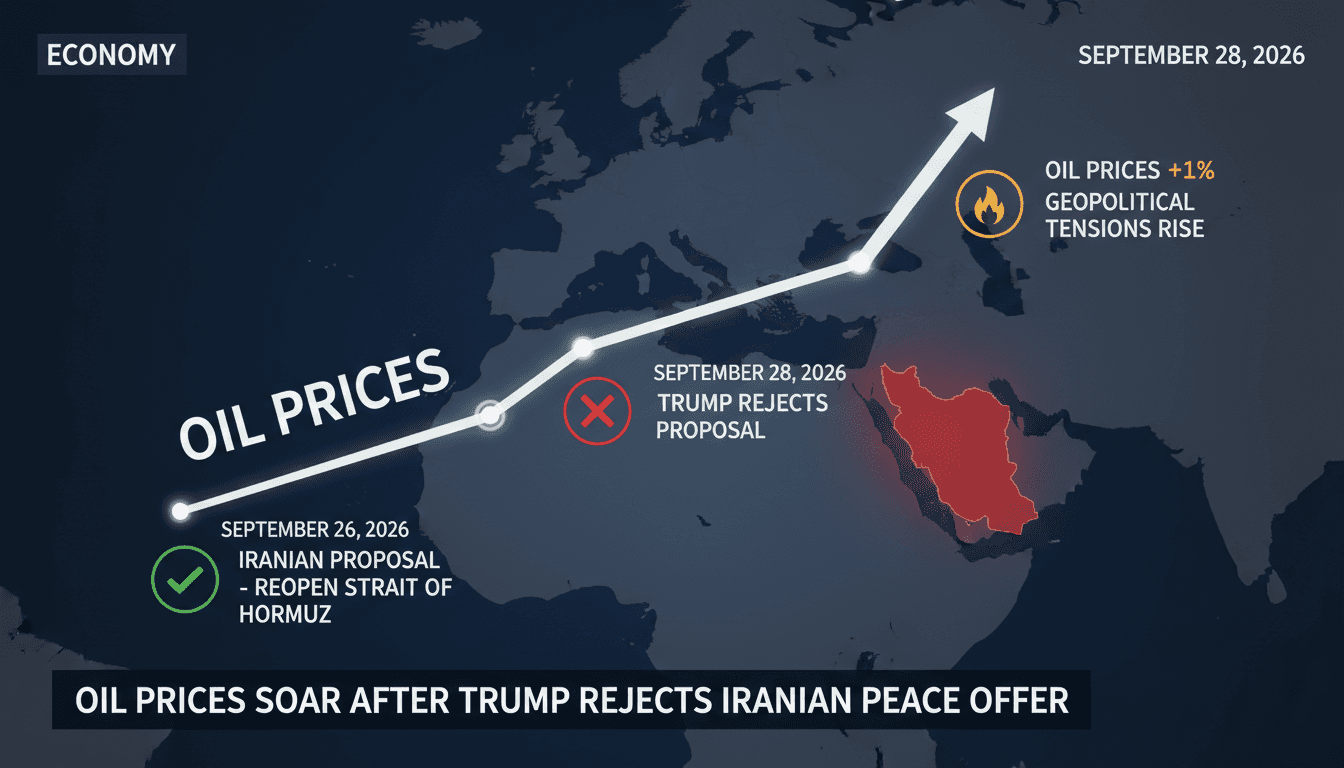 A graph illustrating the rise in oil prices following Trump's rejection of the Iranian peace proposal regarding the Strait of Hormuz.