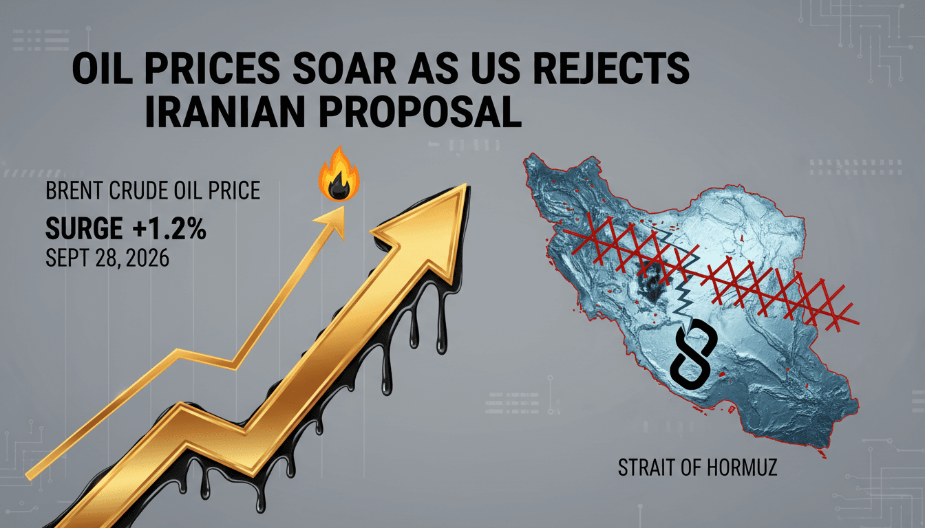 A graphic showing rising Brent crude oil prices and a map of the Strait of Hormuz.