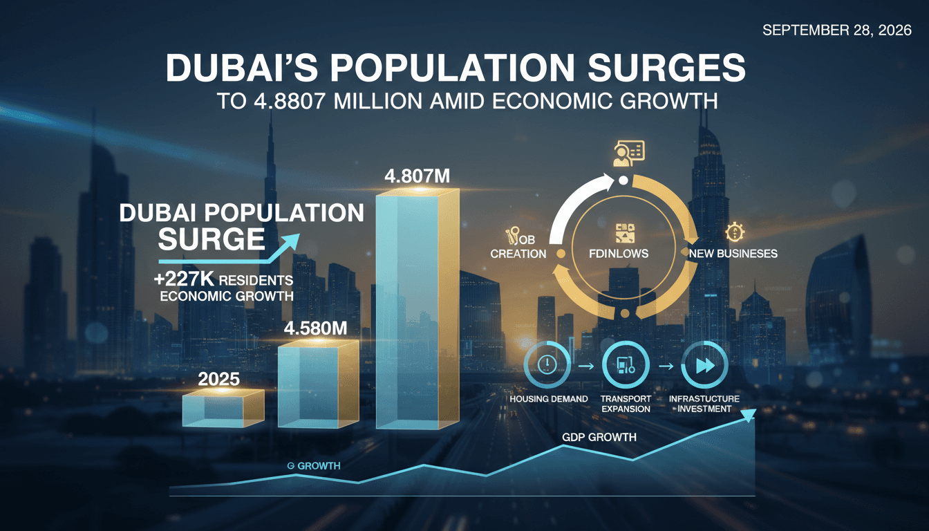 An infographic showing Dubai's population growth and its impact on the economy and infrastructure.