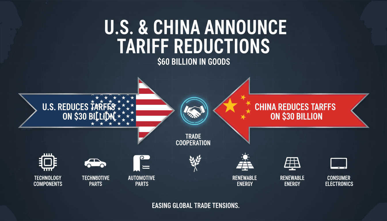 Infographic illustrating the $30 billion tariff reductions between the U.S. and China, with key product categories highlighted.