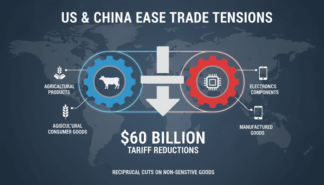Infographic illustrating the $60 billion tariff cuts between the US and China, highlighting key goods affected.