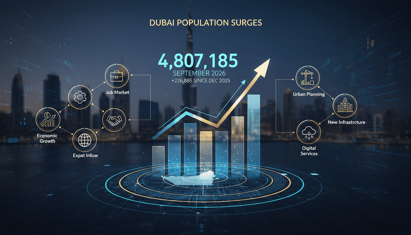 Infographic showing Dubai's population growth and its impact on the economy and infrastructure.