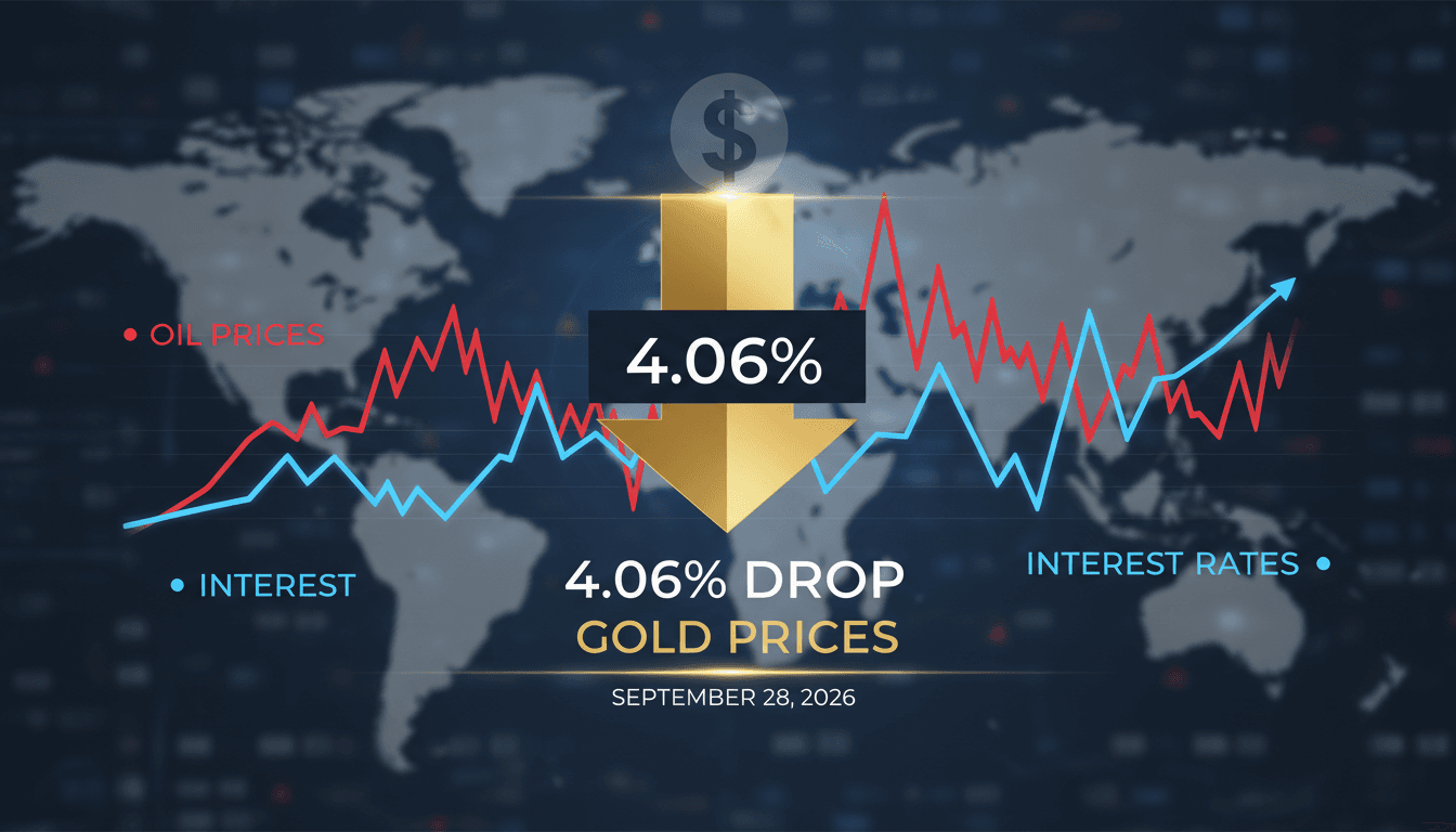 A visual representation of gold price decline with market indicators like oil prices and interest rates.