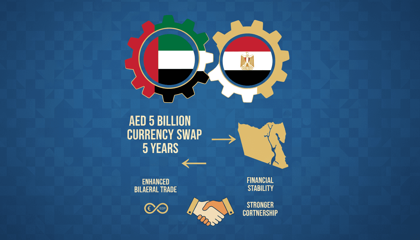 Infographic illustrating the AED 5 billion currency swap agreement between Egypt and the UAE.