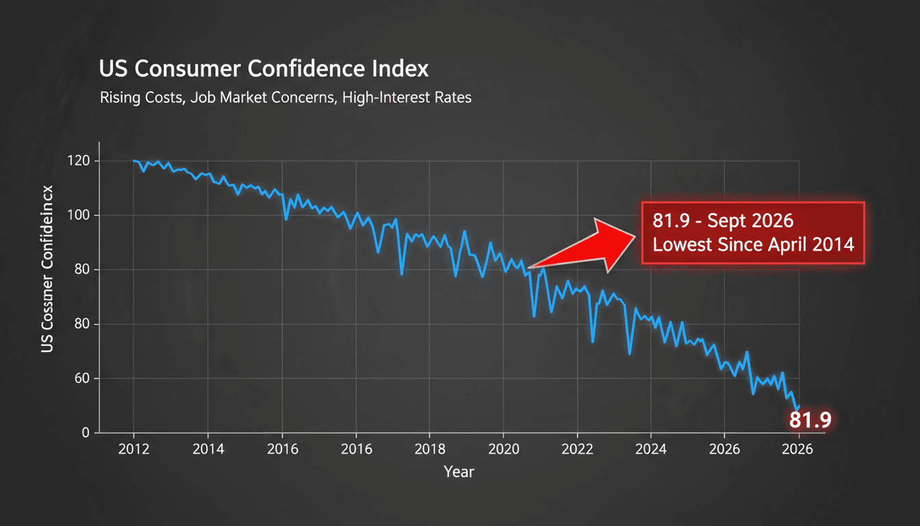 A graph illustrating the decline of the US Consumer Confidence Index to 81.9, the lowest since April 2014.
