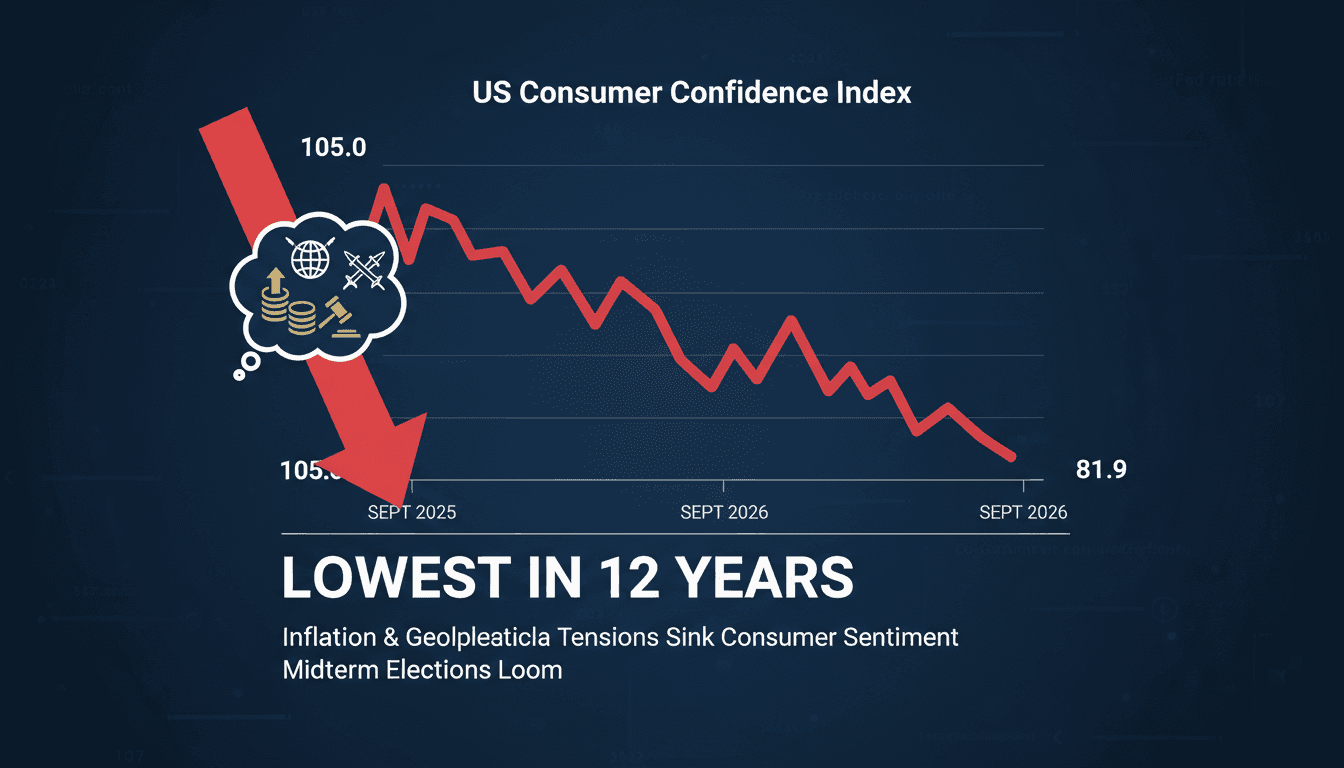 A graph illustrating the decline of the US Consumer Confidence Index to 81.9, highlighting economic challenges.