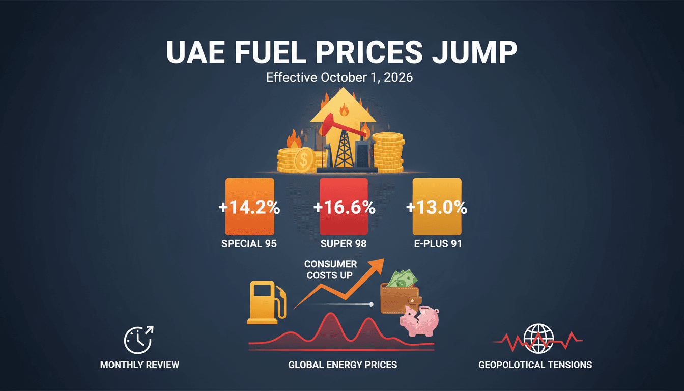 Infographic showing UAE fuel price increases for October 2026, highlighting the impact on consumers.