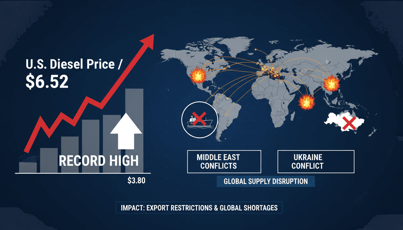 An infographic showing the rise in U.S. diesel prices and the impact of geopolitical conflicts on global supply.