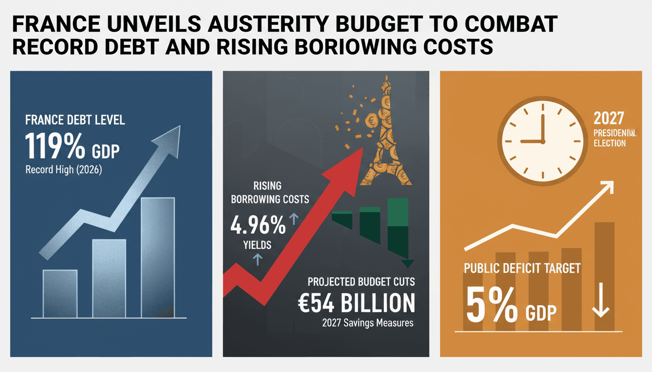 Infographic illustrating France's 2027 budget measures, debt levels, and bond yields.