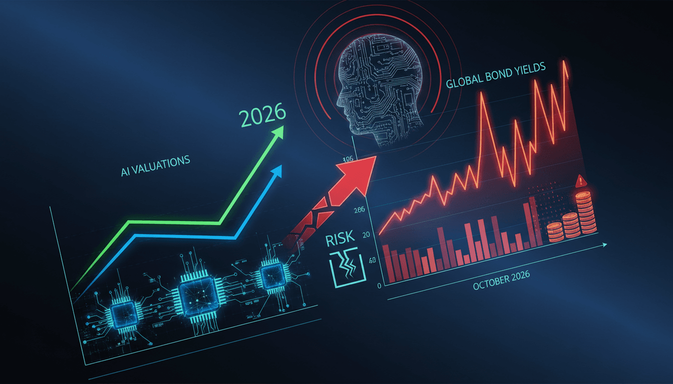 Infographic showing AI valuations and bond yield trends related to Andrew Bailey's warning.