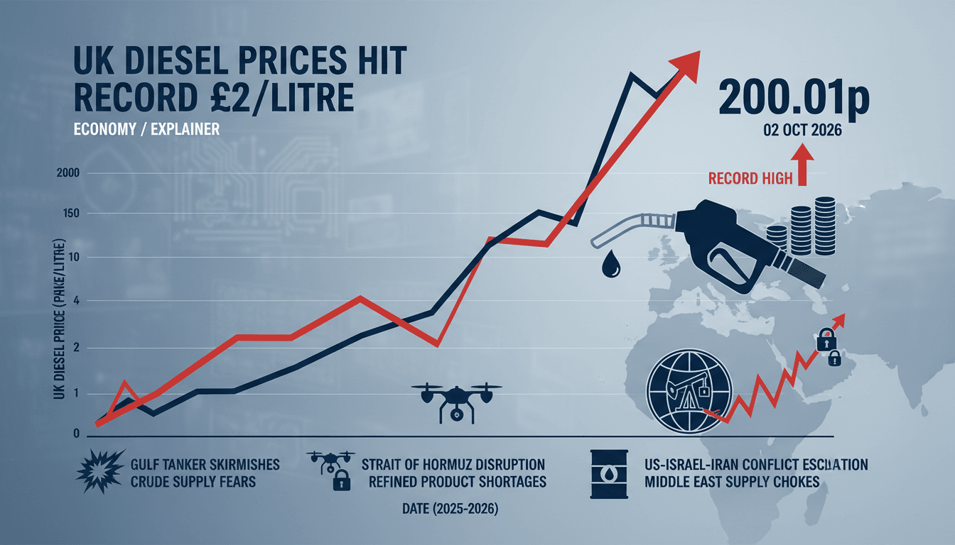 Infographic showing the rise in UK diesel prices and geopolitical events affecting fuel costs.