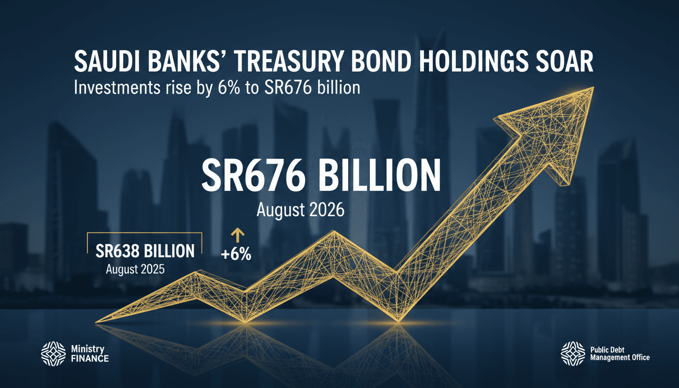 Infographic showing the growth of Saudi banks' treasury bond investments to SR676 billion by August 2026.