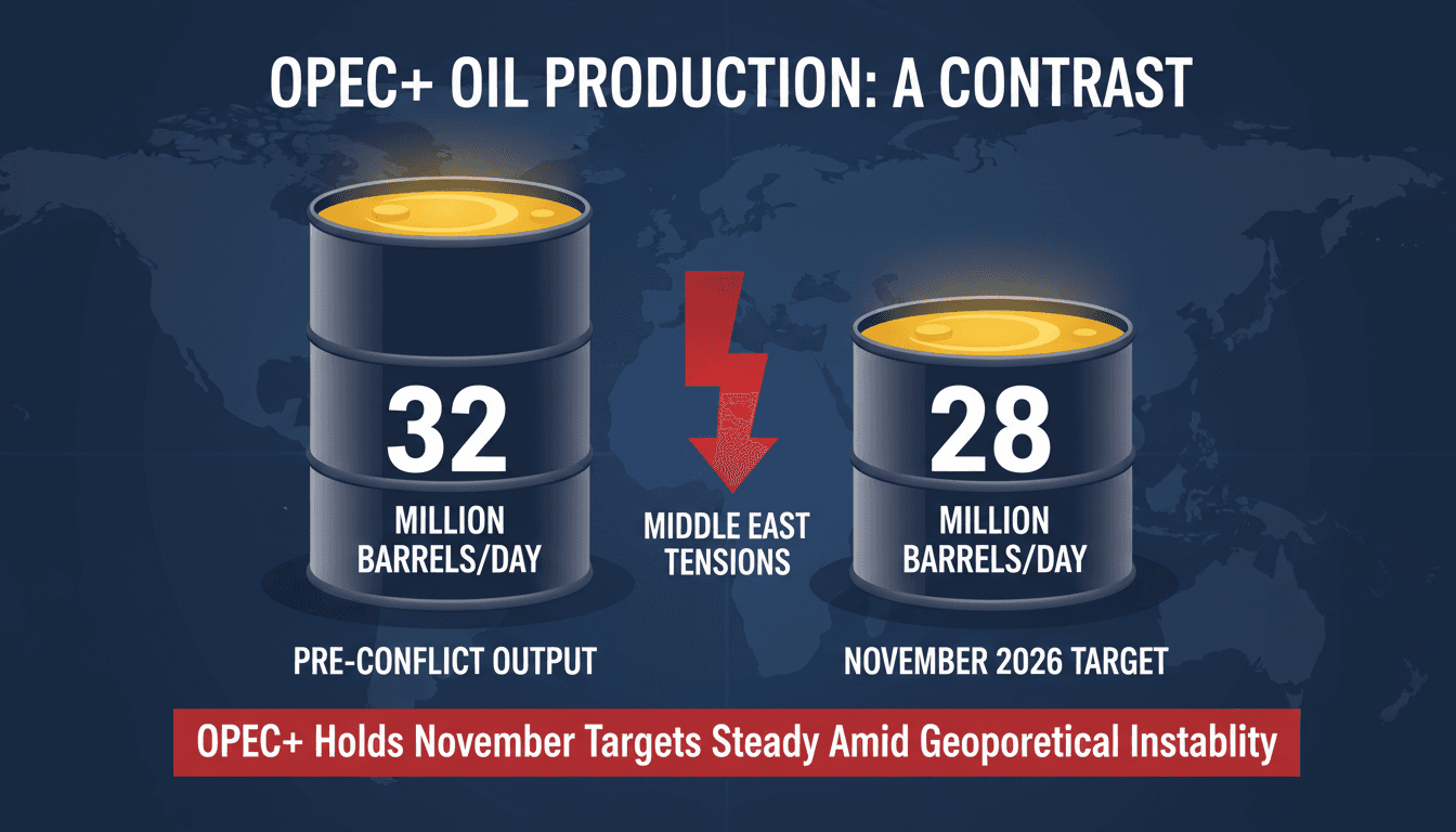 Infographic showing OPEC+ oil production levels and geopolitical impacts on fuel prices.