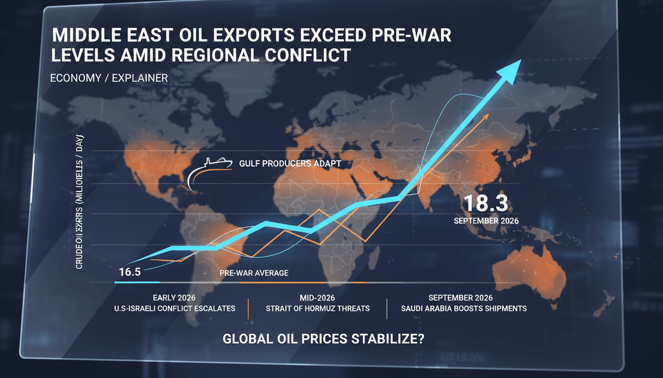 A graph showing the rise in Middle East crude oil exports amid ongoing regional conflict.