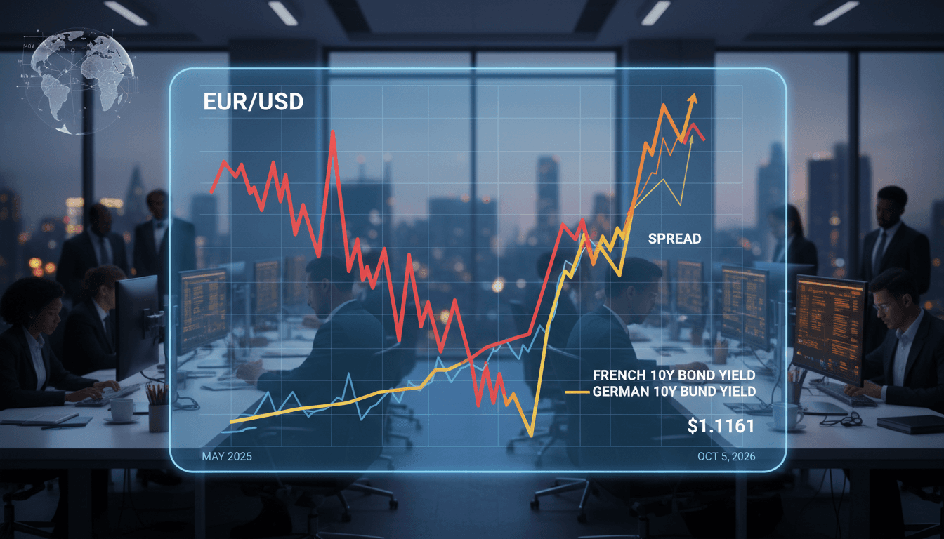 A graph showing the euro's decline against the US dollar and rising French bond yields.