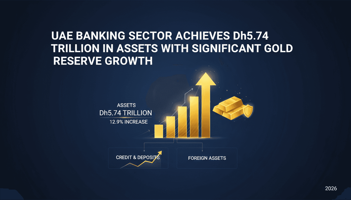 Infographic showing UAE banking sector growth to Dh5.74 trillion and gold reserves increase.