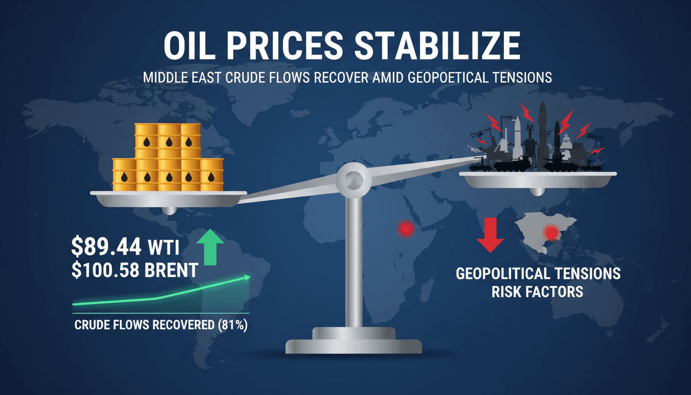 A graphic illustrating oil prices stabilizing near $90 WTI amidst geopolitical risks.