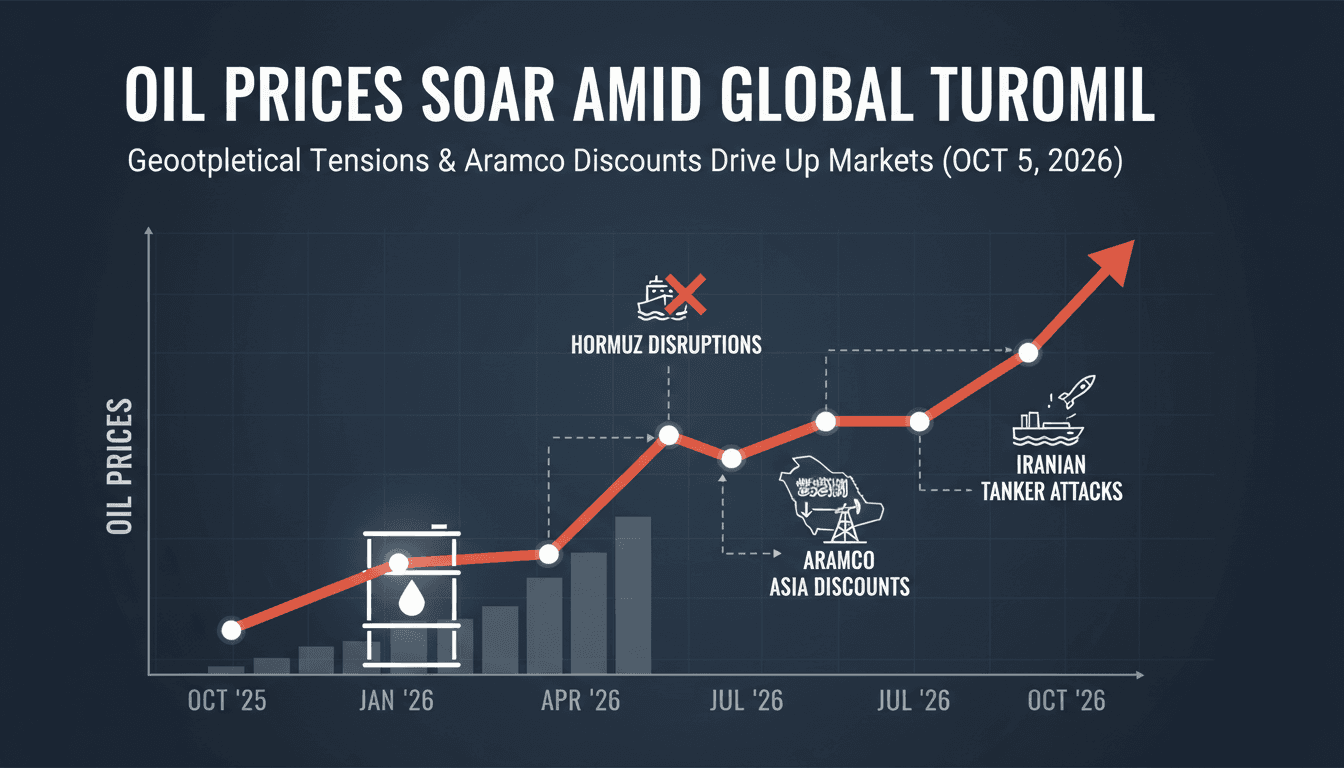 Infographic showing oil price trends and geopolitical events affecting supply in the Strait of Hormuz.