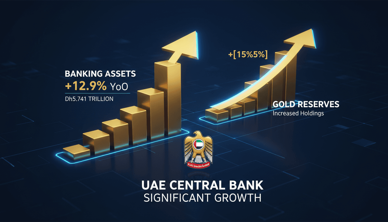 Infographic showing UAE banking assets growth to Dh5.741 trillion and gold reserves increase of 29%.