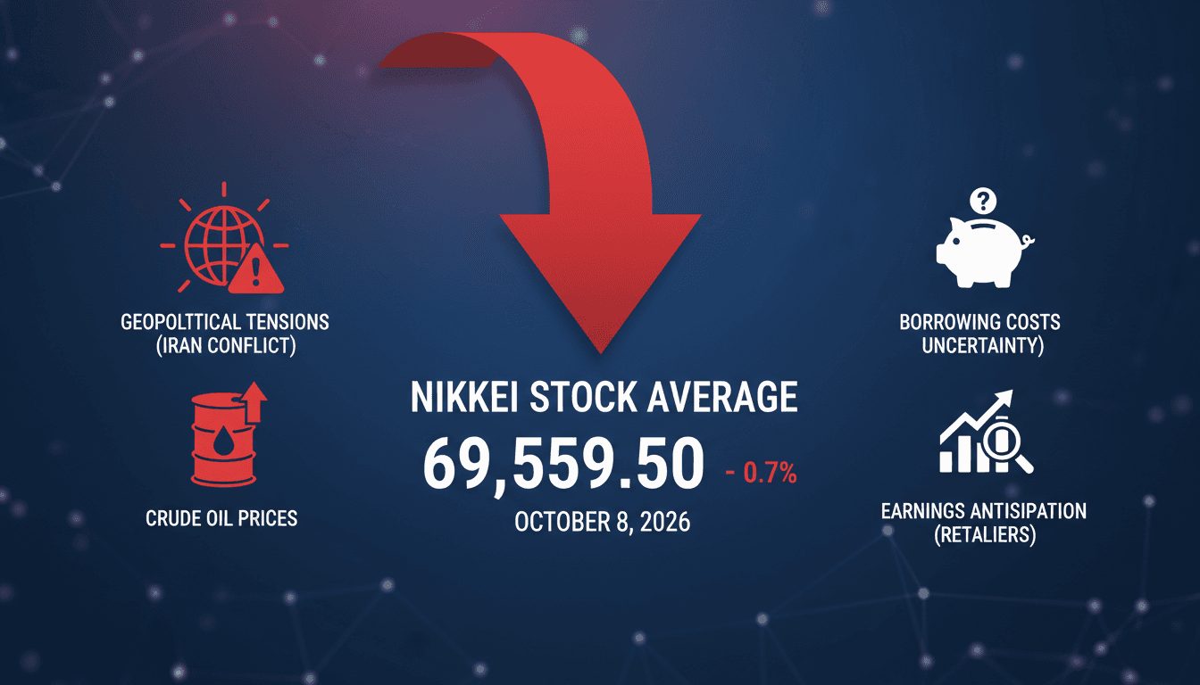 A graphic illustrating the Nikkei Stock Average decline with market influences and key statistics.