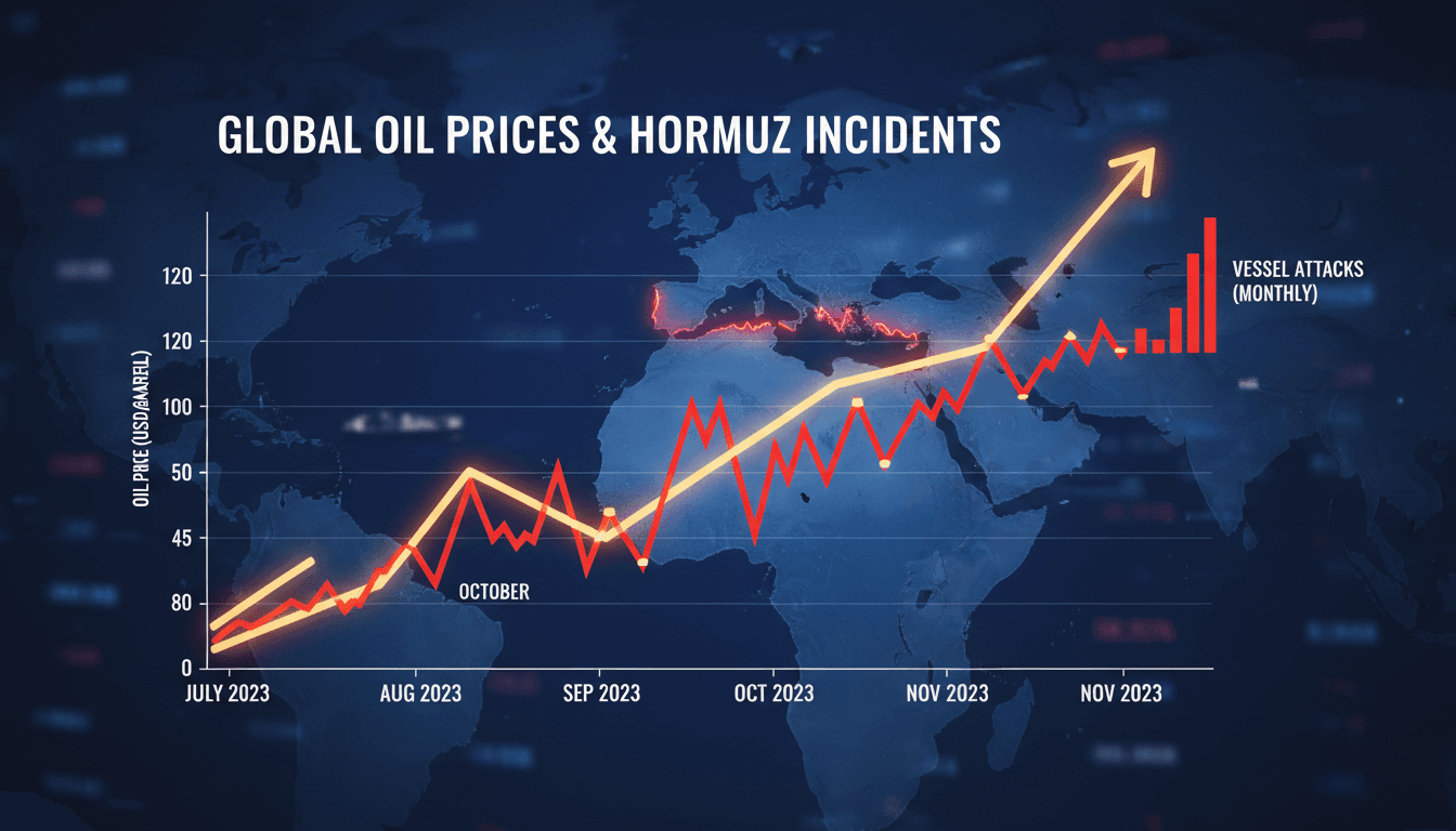 A chart showing oil price fluctuations alongside vessel attacks in the Strait of Hormuz.