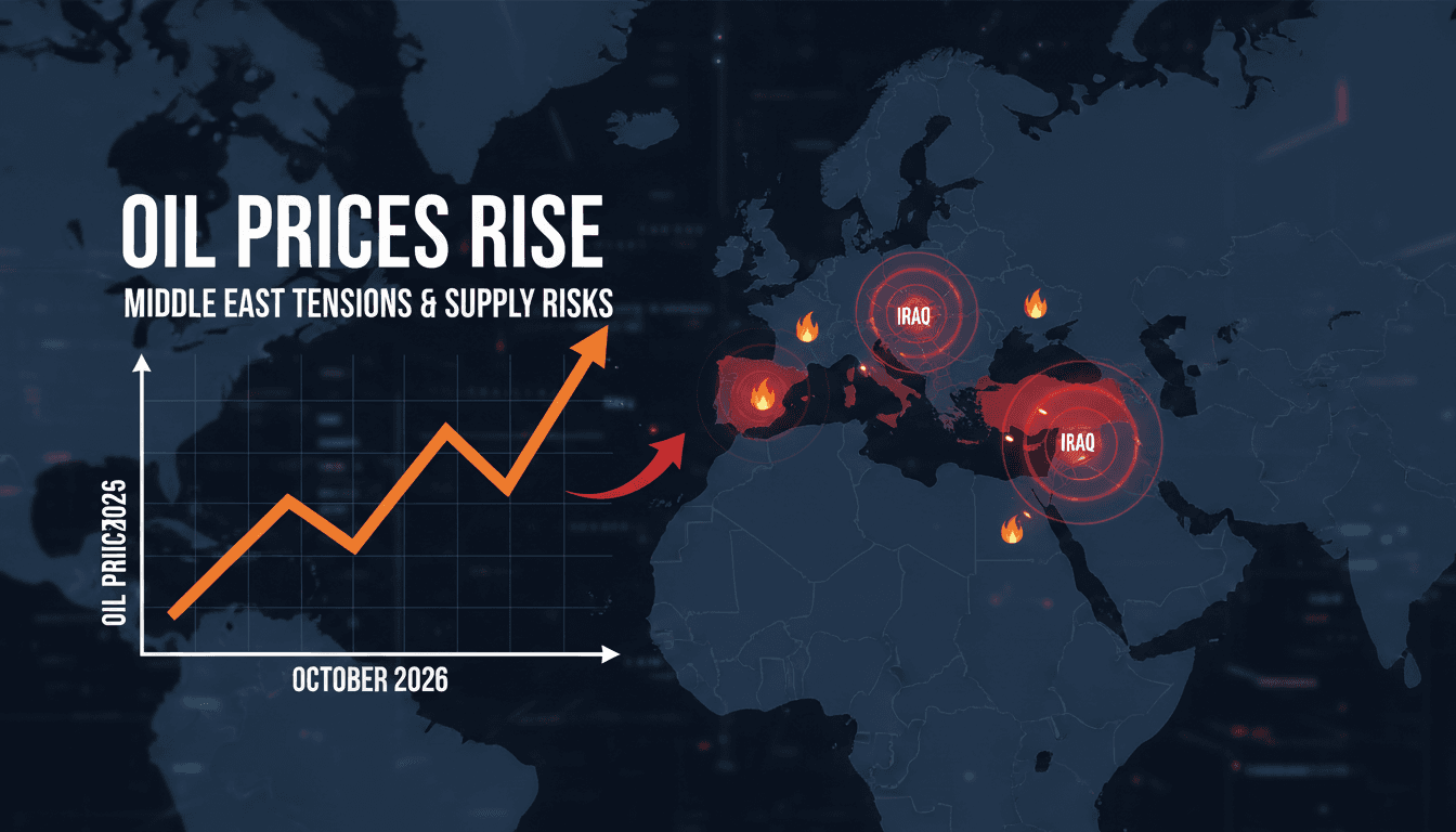 A graph showing rising oil prices with a map of the Middle East highlighting conflict zones.