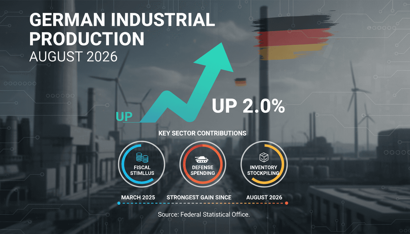 Infographic showing the 2.0% rise in German industrial production and sector contributions.