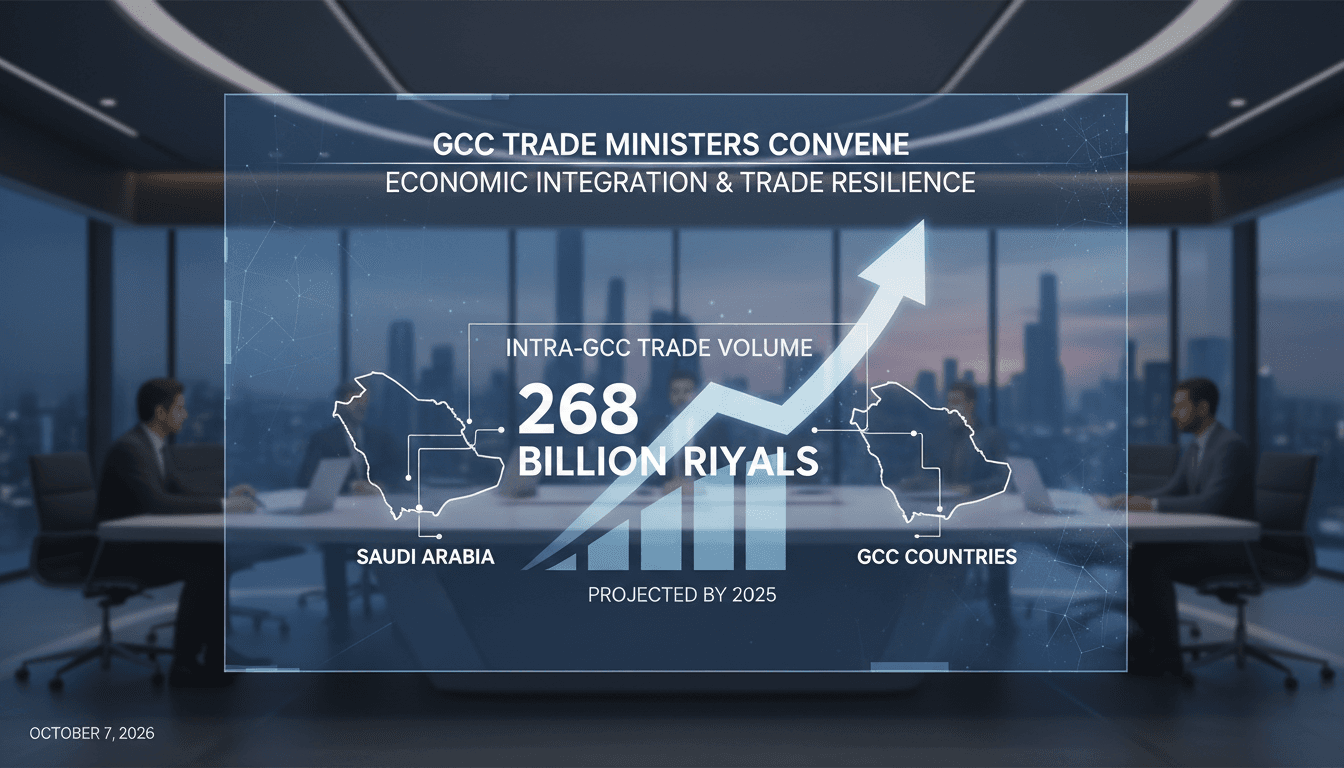 Infographic showing projected 268 billion riyals in GCC trade volume for 2025.