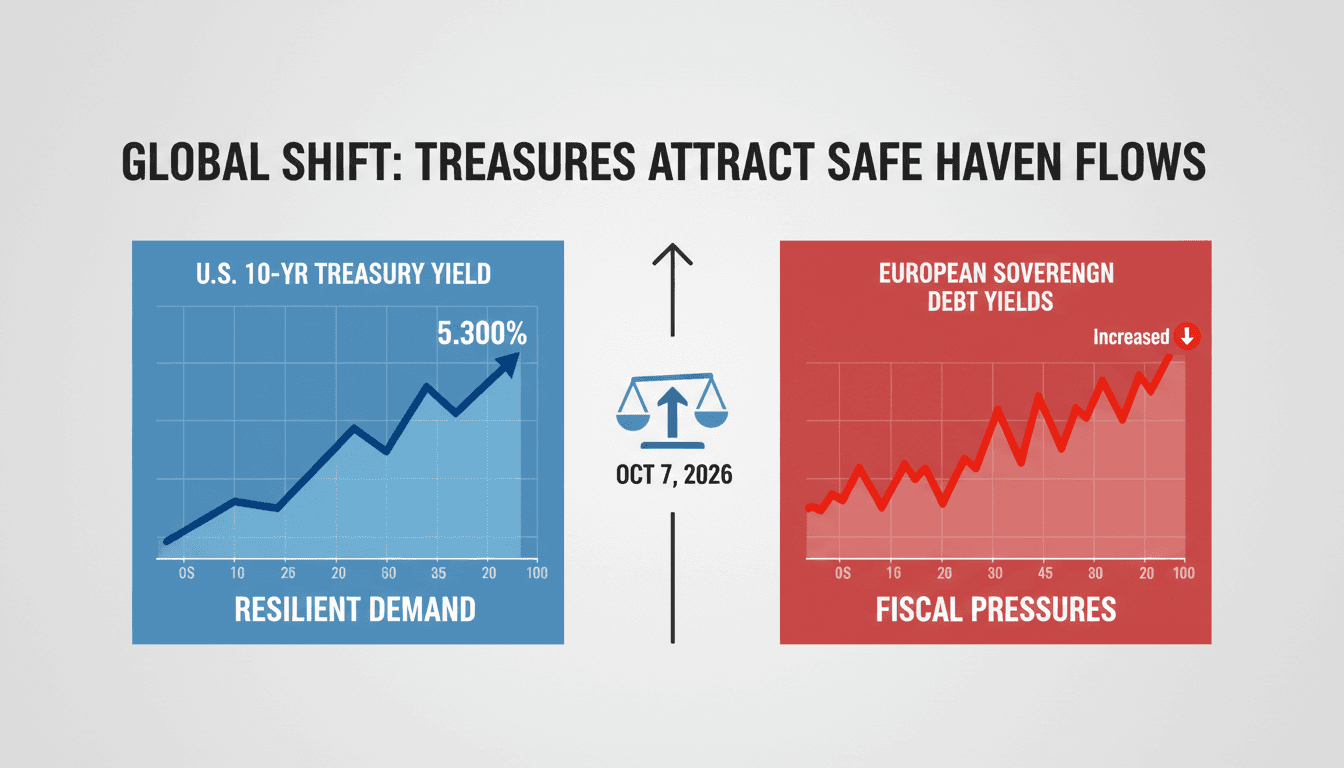 A graph comparing U.S. Treasury yields with European sovereign debt yields, highlighting market stability and volatility.