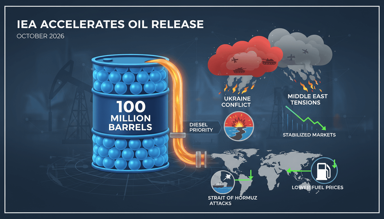 Infographic illustrating the IEA's release of 100 million barrels of oil stocks, focusing on diesel prioritization and market impacts.