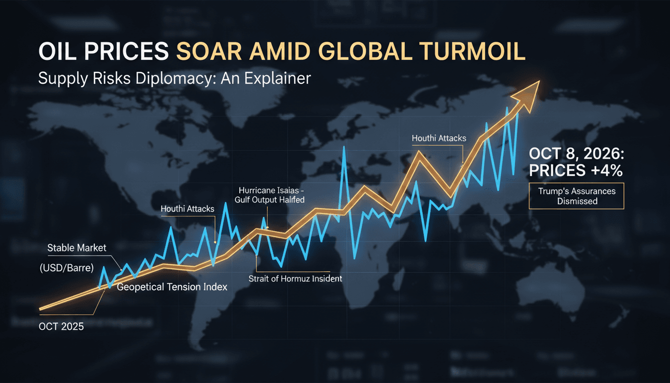 A chart showing the surge in oil prices due to geopolitical tensions and weather disruptions.