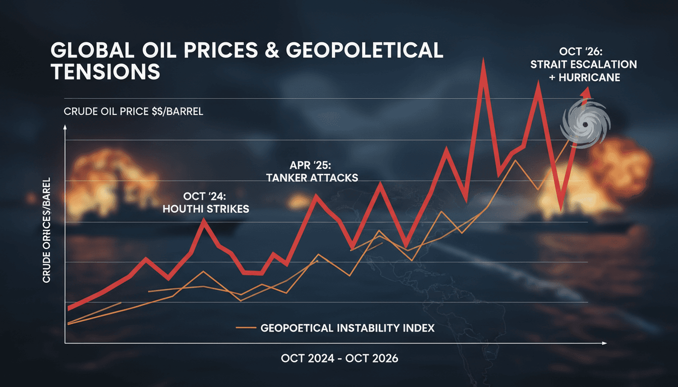 A visual representation of rising oil prices linked to tanker attacks in the Strait of Hormuz.