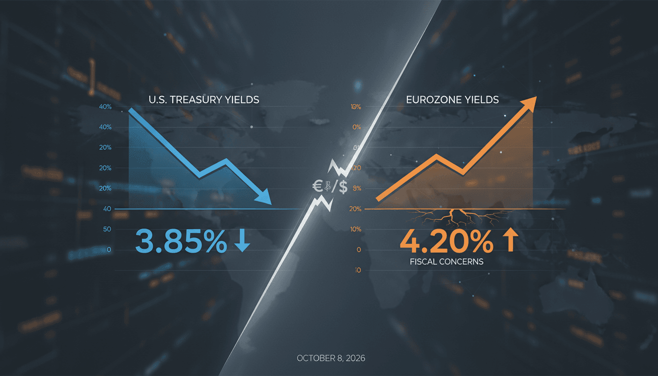 A financial chart showing U.S. Treasury yields declining and Eurozone yields elevated, illustrating current market conditions.