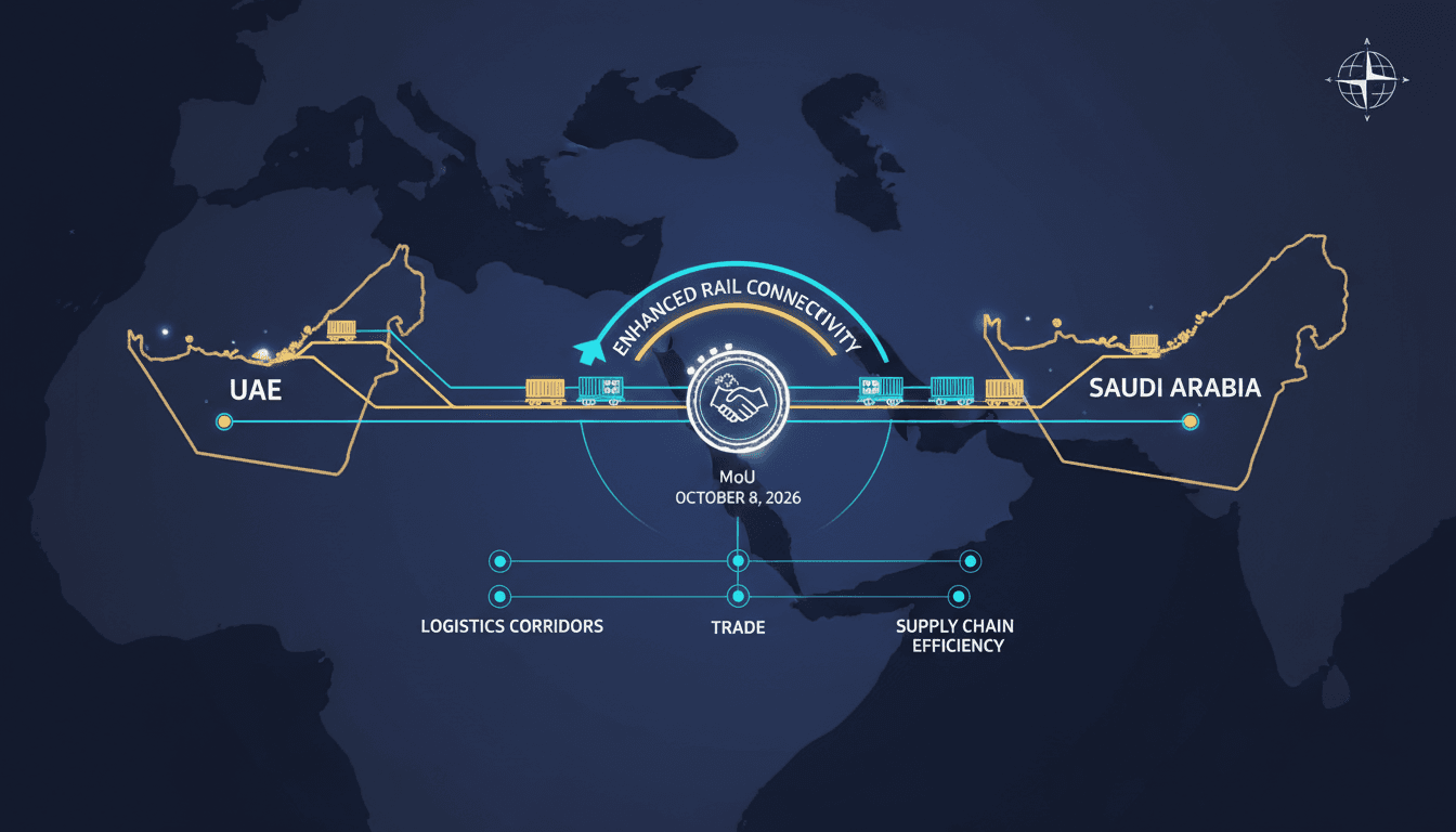Infographic showing proposed rail connections and infrastructure integration between UAE and Saudi Arabia.