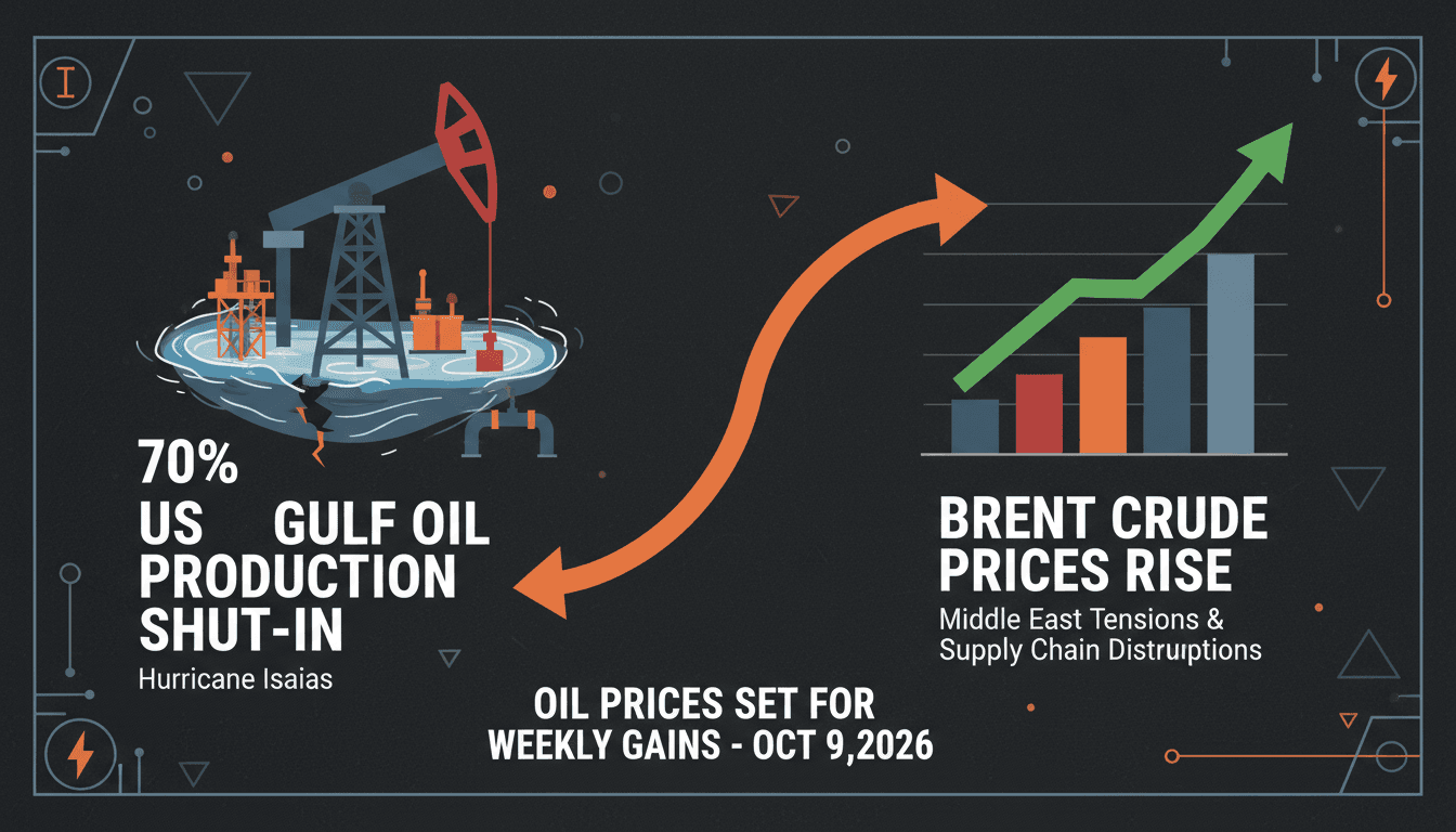 An infographic illustrating the rise in oil prices and production shutdowns due to Hurricane Isaias and geopolitical tensions.