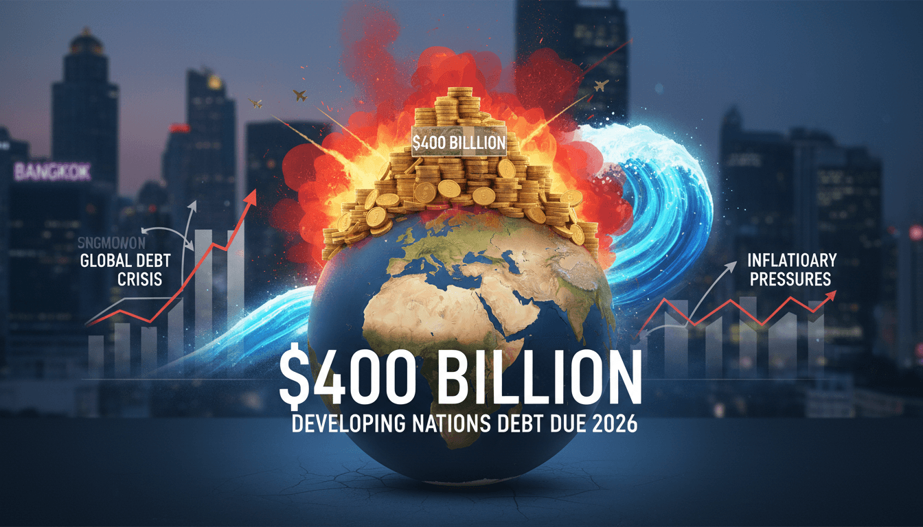 Infographic illustrating the $400 billion debt burden on developing nations amid the Middle East conflict.