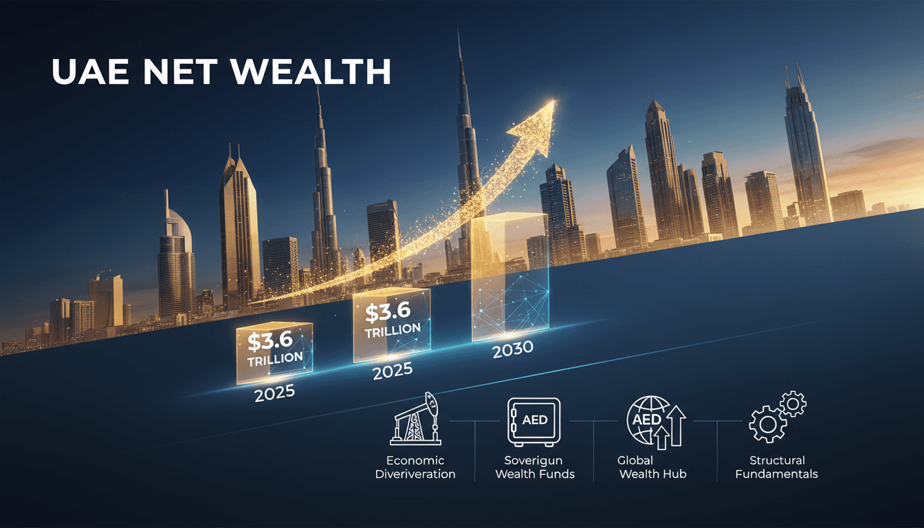 Infographic showing UAE net wealth growth from $3.6 trillion in 2025 to $6 trillion by 2030, highlighting key economic drivers.