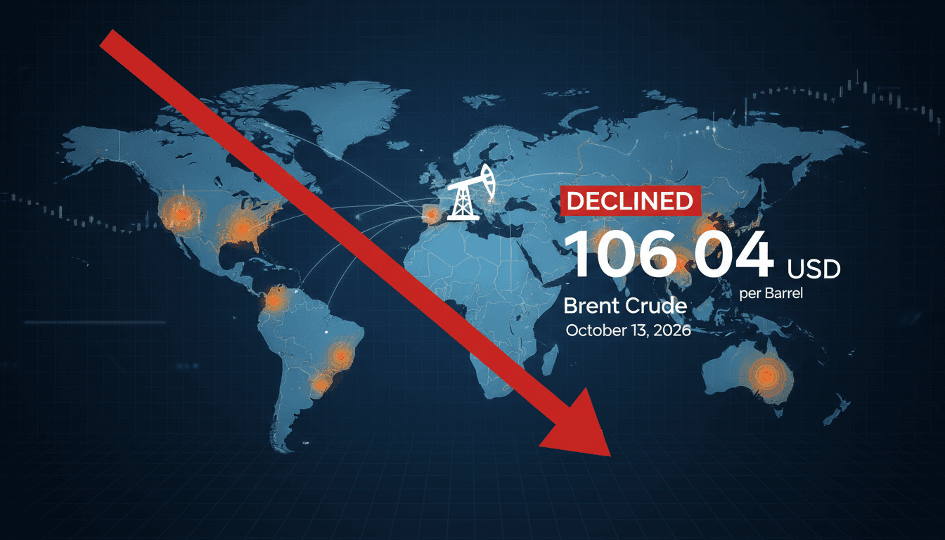 A graphic showing Brent crude oil prices declining with geopolitical hotspots marked on a world map.