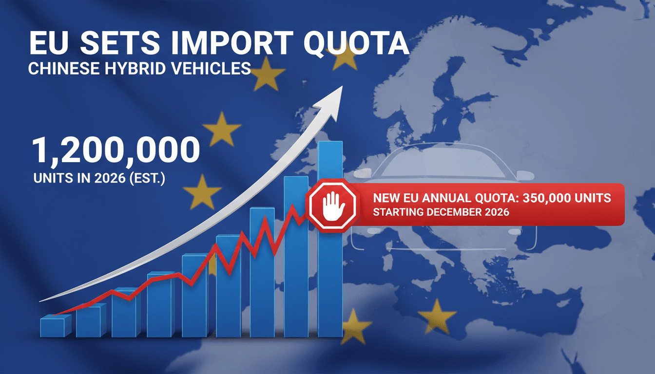 Infographic illustrating the EU's new quota on Chinese hybrid vehicle imports and the rise in exports.