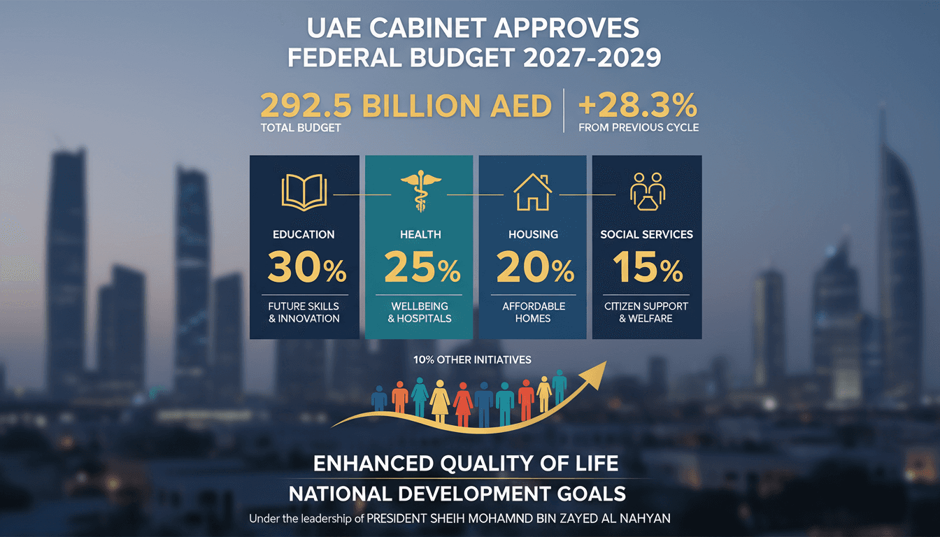 Infographic detailing the UAE's 292.5 billion dirham budget allocation for 2027-2029, highlighting key sectors like education and health.