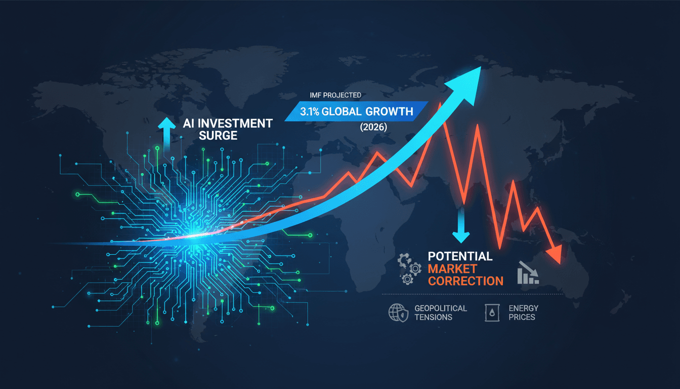 Infographic showing IMF's 2026 growth forecast, AI investment impact, and market correction risks.