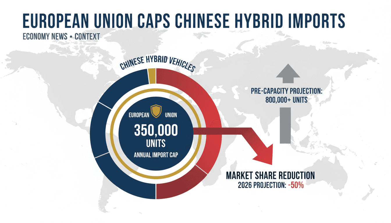 Infographic illustrating the EU's cap on Chinese hybrid vehicle imports and market share changes.