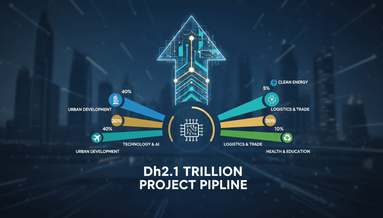 Infographic detailing Sheikh Mohammed bin Rashid's Dh2.1 trillion investment in Dubai's infrastructure and economic sectors.